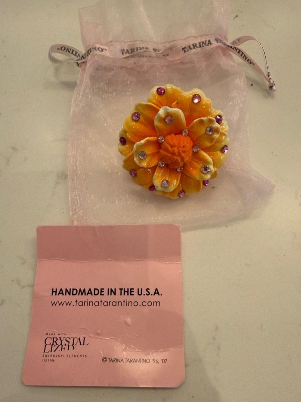 Tarina Tarantino Yellow and Orange Flower Ring with Pink Crystals
